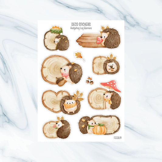 Autumn Hedgehog Logs Sticker Sheets | Cute Animal Fall Aesthetic Journal, Scrapbook, Planner Stickers