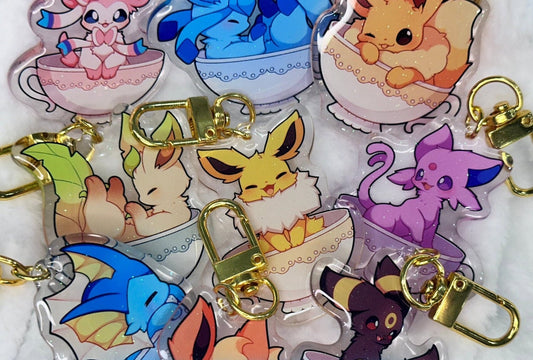 Teacup Eeveelutions 2” Acrylic Keychains | Double Sided Glitter Epoxy