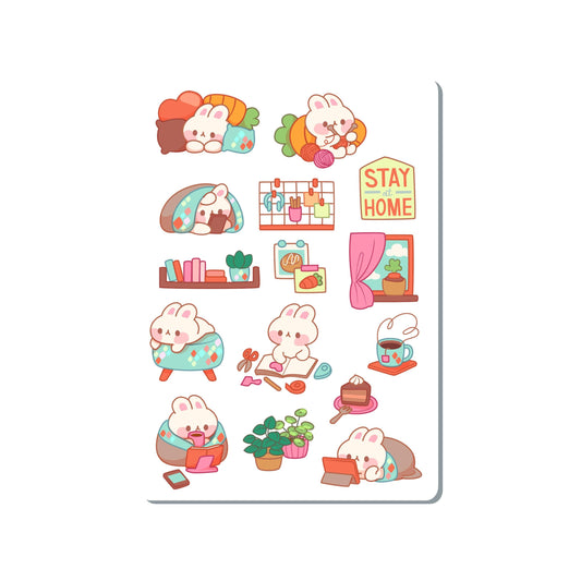 White Bunny at Home Vinyl Sticker Sheet Great for Planners, Journaling, Scrapbooking, Bullet Journals, Laptop, Water Bottle | SS038