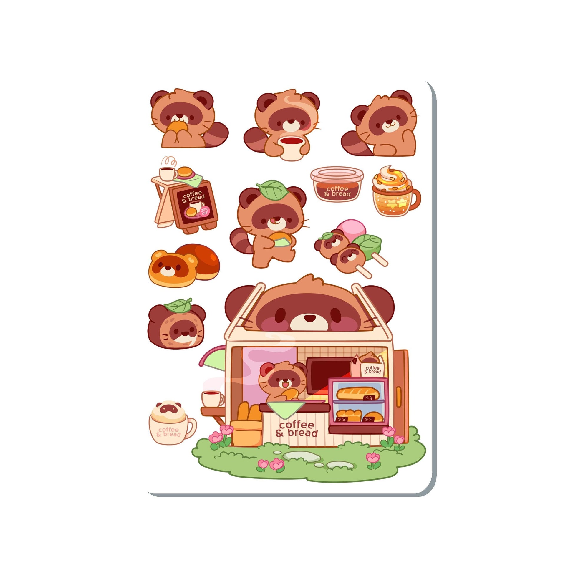 Tanuki Raccoon Cafe Vinyl Sticker Sheet Great for Planners, Journaling, Scrapbooking, Bullet Journals, Laptop, Water Bottle | SS065